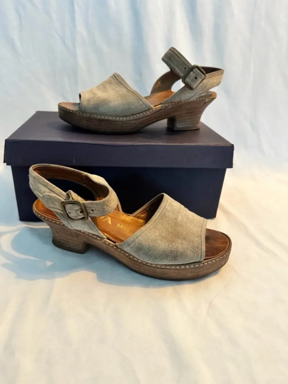 PRADA Milano Beige Suede Platform Wedge Sandals Ankle Strap 37.5 With Box